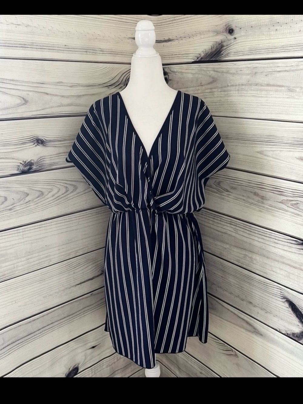 Lac Bleu Navy & White Striped Short Dolman Sleeve Dress Size Large